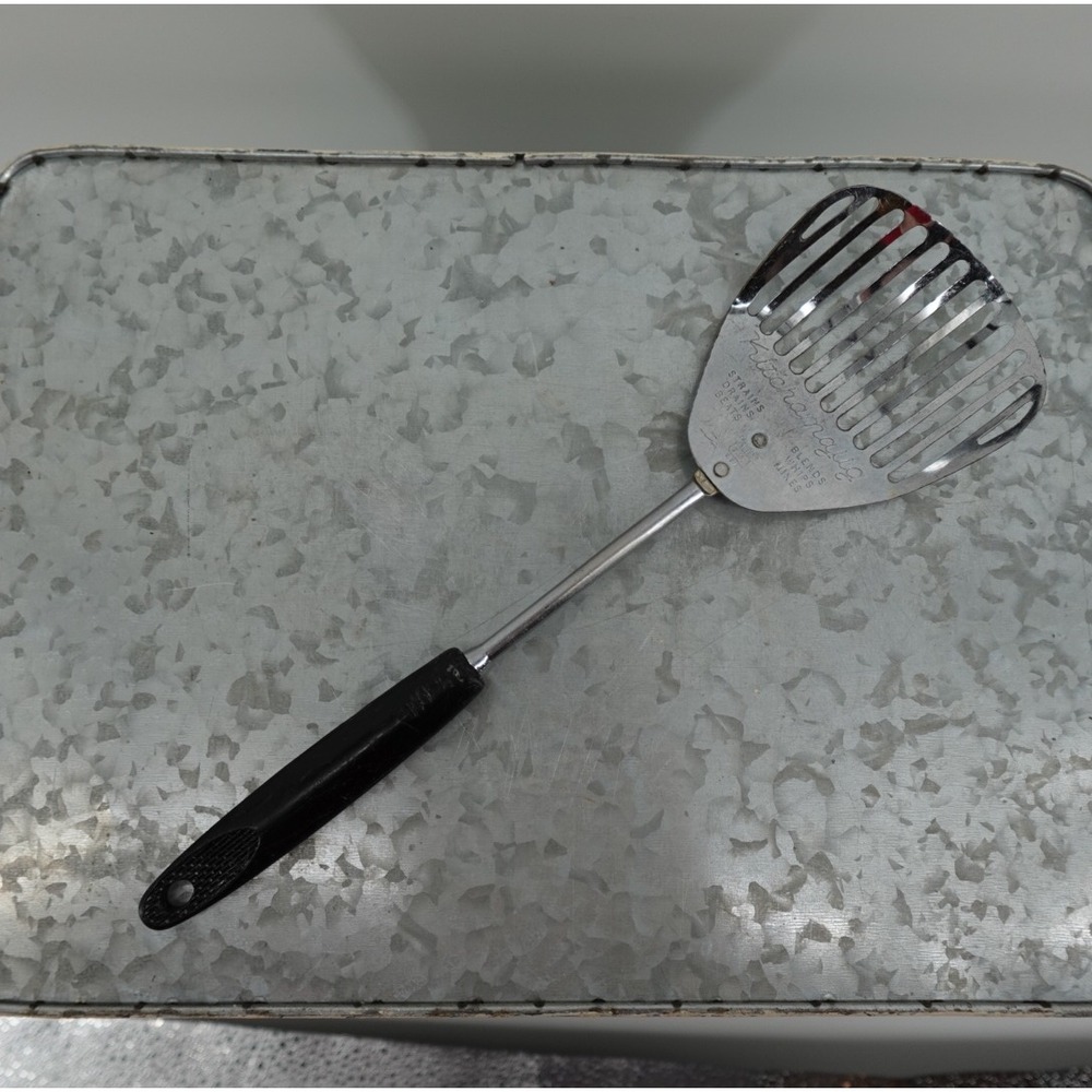 Vintage Ekco Kitchamajig Slotted Spatula Strainer Black Handle Chromium Plated